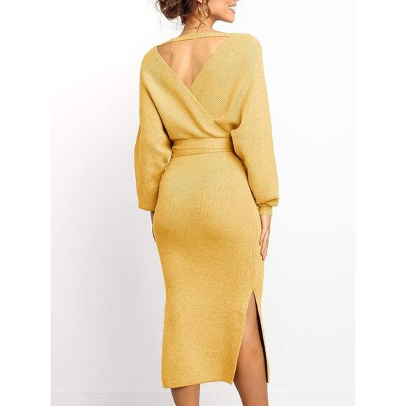 Women's Sweater Dress Wrap Batwing V Neck Slit Bodycon Dress with Belt Yellow - Picture 3 of 7